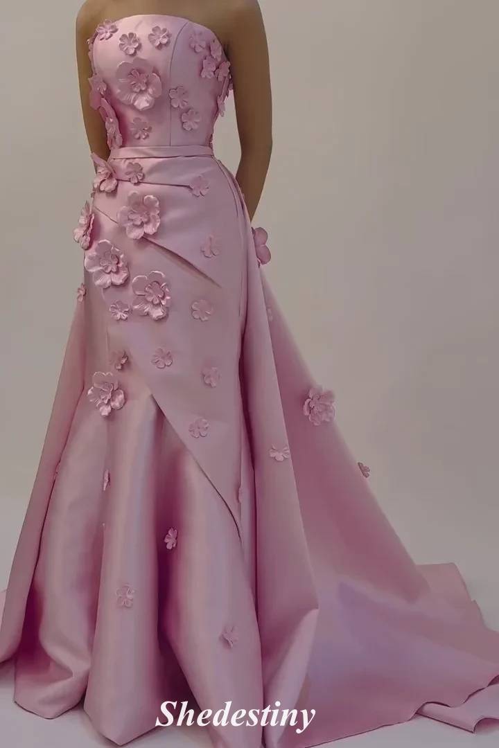 Strapless Mermaid Pink 3D Flowers Prom Dress with Train