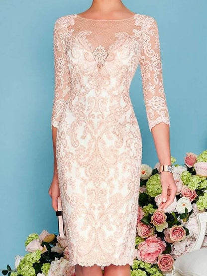 Two Piece Sheath / Column Mother of the Bride Dress Elegant Jewel Neck Knee Length Lace 3/4 Length Sleeve with Embroidery - RongMoon