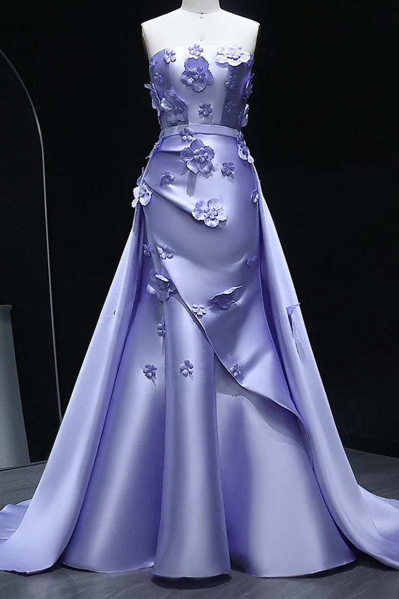 Strapless Mermaid Pink 3D Flowers Prom Dress with Train