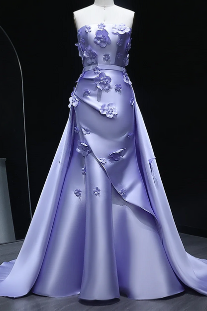 Strapless Mermaid Pink 3D Flowers Prom Dress with Train