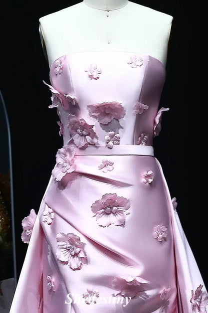 Strapless Mermaid Pink 3D Flowers Prom Dress with Train