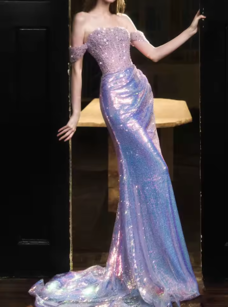 Glitter Sequins Beaded Mermaid Evening Dress,Lilac Off Shoulder Party Prom Dress cc2636