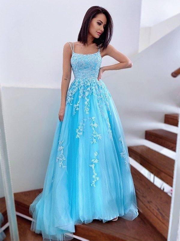 A-Line/Princess Spaghetti Straps Tulle Sleeveless Applique Sweep/Brush Train Dresses - RongMoon