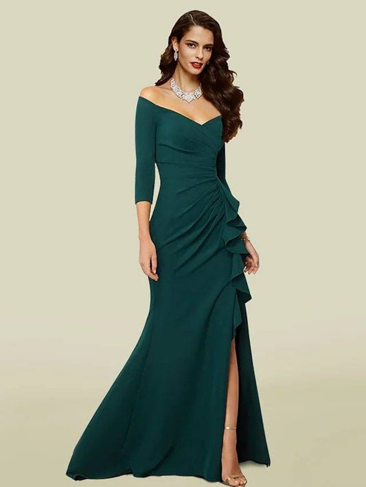 Mermaid / Trumpet Mother of the Bride Dress Elegant Sexy V Neck Off Shoulder Court Train Stretch Fabric 3/4 Length Sleeve with Draping Split Front - RongMoon