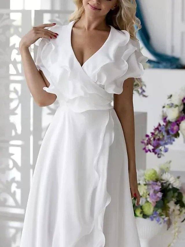 A-Line Mother of the Bride Dress Elegant V Neck Asymmetrical Chiffon Short Sleeve with Ruffles Split Front - RongMoon