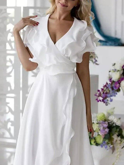A-Line Mother of the Bride Dress Elegant V Neck Asymmetrical Chiffon Short Sleeve with Ruffles Split Front - RongMoon