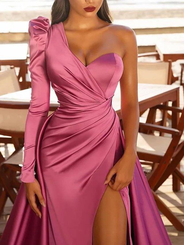 A-Line Elegant Vintage Party Wear Prom Dress One Shoulder Long Sleeve Court Train Satin with Ruched Split - RongMoon