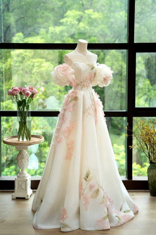 girlhomeshops- Vintage Pink-White 3D Floral Off-Shoulder Swing Forest-Style Evening Gown gh6033