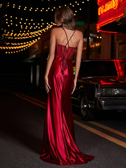 Corset Bodice Mermaid Satin Gown Burgundy
