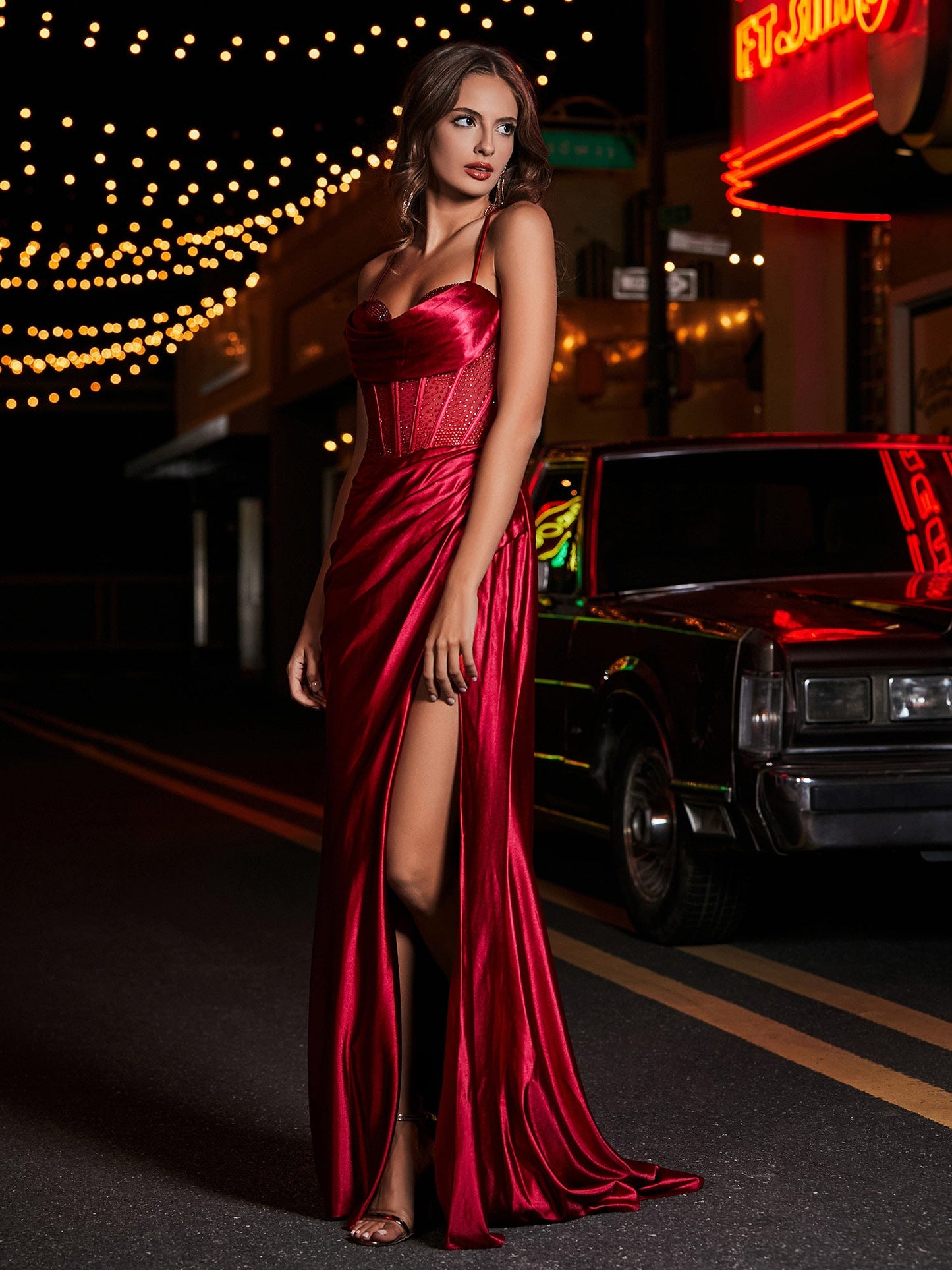 Corset Bodice Mermaid Satin Gown Burgundy