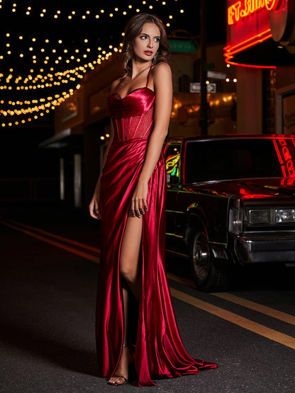 Corset Bodice Mermaid Satin Gown Burgundy