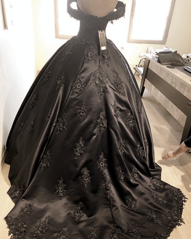 Gorgeous Ball Gown Off-Shoulder Lace Beaded Satin Dress