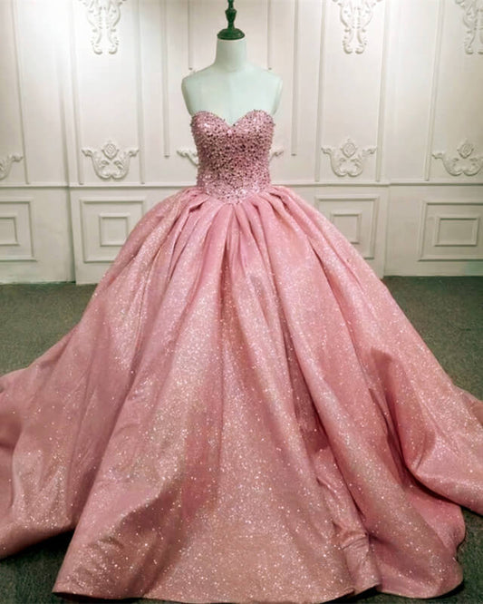 Lace Beaded Sweetheart Ball Gown Sparkly Dress
