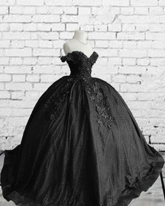 Black Sparkly Ball Gown Dress With 3D Flowers