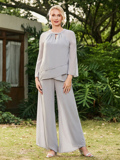 Jewel Neck Long Sleeve Chiffon Top and Pants Set Silver