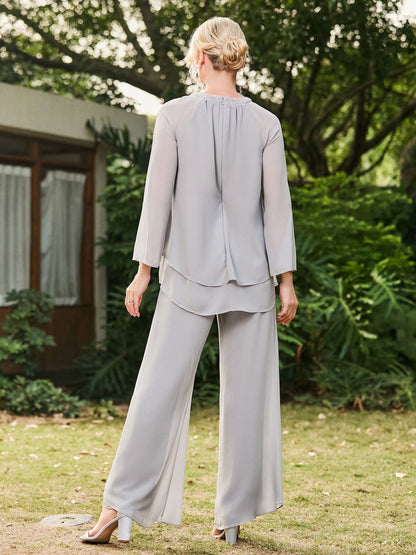 Jewel Neck Long Sleeve Chiffon Top and Pants Set Silver