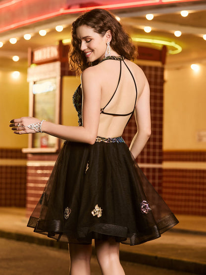 Sparkly Halter Sequins Sleeveless Short Prom Dress Black