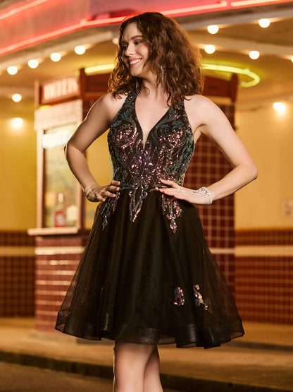 Sparkly Halter Sequins Sleeveless Short Prom Dress Black