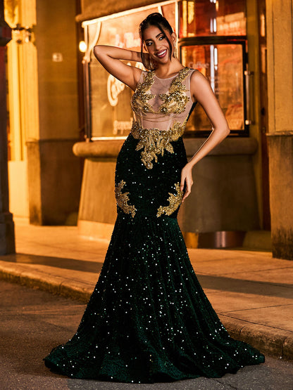 Dazzling Rhinestone-Embellished Mermaid Prom Dress Dark Green