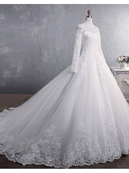 Princess A-Line Wedding Dresses High Neck Court Train Lace Tulle Long Sleeve Formal Romantic Luxurious with Appliques - RongMoon
