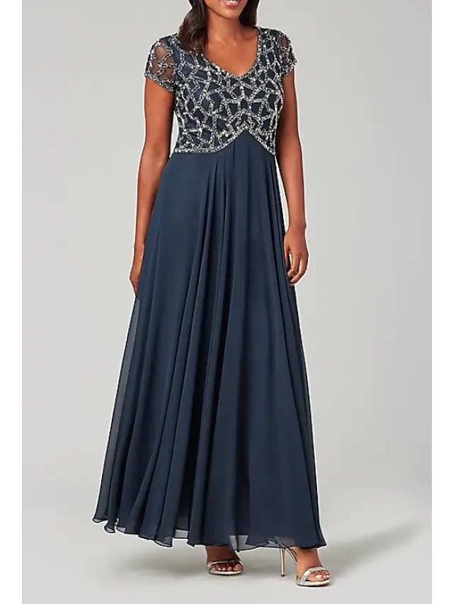 A-Line Mother of the Bride Dress Elegant V Neck Floor Length Tulle Polyester Short Sleeve with Sequin - RongMoon