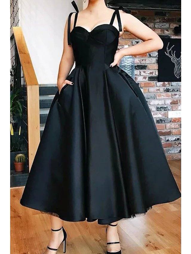 Ball Gown Minimalist Party Wear Prom Valentine's Day Dress Spaghetti Strap Sleeveless Tea Length Satin with Pleats - RongMoon