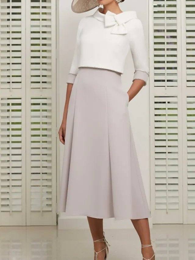 Two Piece Mother of the Bride Dress Elegant Jewel Neck Ankle Length Stretch Satin 3/4 Length Sleeve with Bow(s) - RongMoon