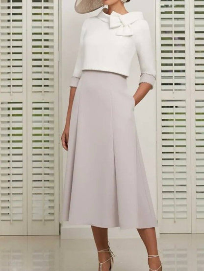 Two Piece Mother of the Bride Dress Elegant Jewel Neck Ankle Length Stretch Satin 3/4 Length Sleeve with Bow(s) - RongMoon