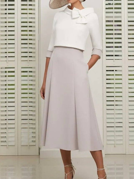 Two Piece Mother of the Bride Dress Elegant Jewel Neck Ankle Length Stretch Satin 3/4 Length Sleeve with Bow(s) - RongMoon