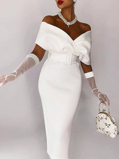 Sheath / Column Elegant bodycon Party Wear Cocktail Party Dress Off Shoulder Sleeveless Tea Length Stretch Fabric with Sash / Ribbon - RongMoon