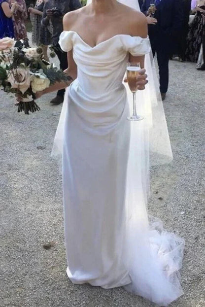 Aimishang Off Shoulder Satin Simple Light Wedding Dress Floor Length Charming Party Dress