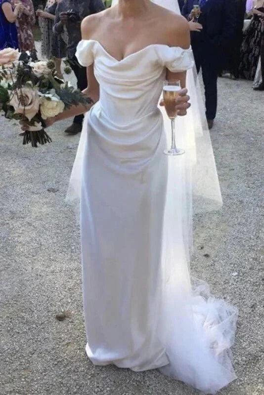 Aimishang Off Shoulder Satin Simple Light Wedding Dress Floor Length Charming Party Dress