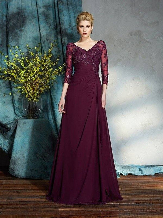A-Line/Princess V-neck Beading 3/4 Sleeves Long Chiffon Mother of the Bride Dresses - RongMoon