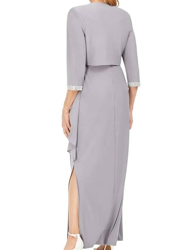 Sheath / Column Mother of the Bride Dress Elegant Square Neck Floor Length Chiffon 3/4 Length Sleeve with Beading Split Front - RongMoon