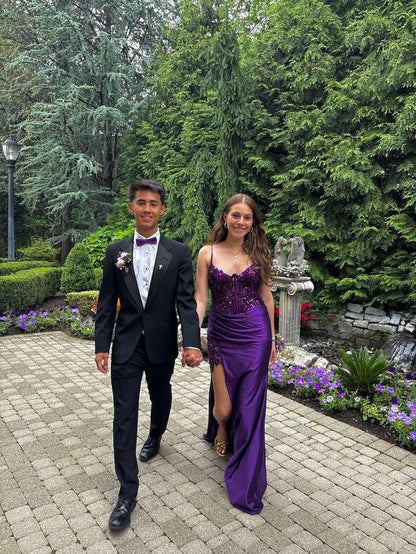Vintage Purple Glittering Beaded Evening Gown Sheath Applique Spaghetti Strap Party Dress High Slit Long Formal Dress HZ1024