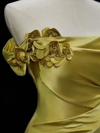 Elegant Satin Mermaid Evening Gown Strapless 3D Flowers Party Dress Long Formal Dress HZ1024