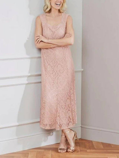 Two Piece Sheath / Column Mother of the Bride Dress Elegant Square Neck Ankle Length Lace Half Sleeve with Pleats Embroidery - RongMoon