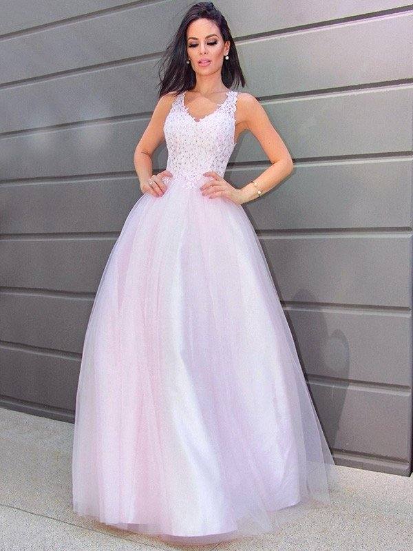 A-Line/Princess V-neck Sleeveless Applique Tulle Floor-Length Dresses - RongMoon