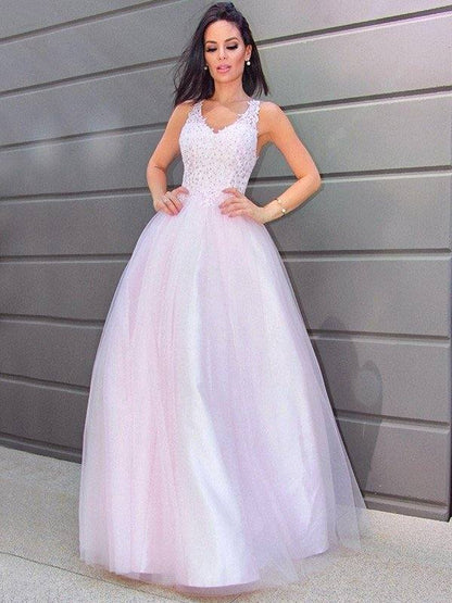 A-Line/Princess V-neck Sleeveless Applique Tulle Floor-Length Dresses - RongMoon