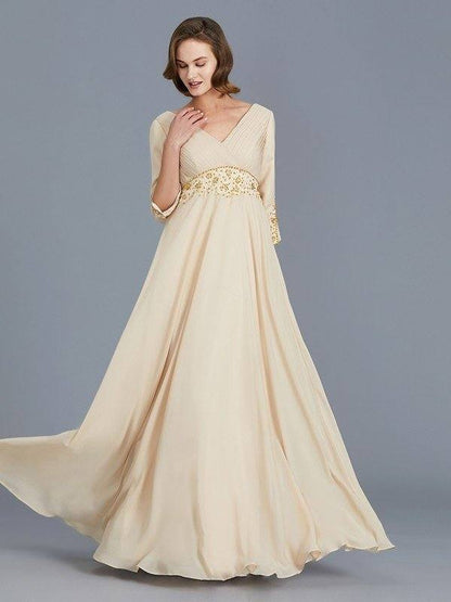 A-Line/Princess V-neck Ruffles Chiffon Floor-Length Mother of the Bride Dresses - RongMoon