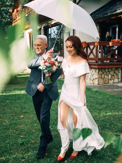 Delicate Satin Off-the-shoulder A-line Floor-Length Bridal Gowns Simple Elegant Wedding Dress Wholesale
