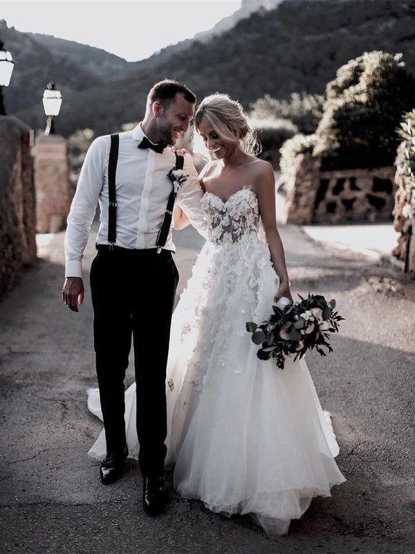Wholesale Stunning Sweetheart A-line Wedding Dresses Tulle Appliqued Gowns Off Shoulder Floor Length Charming