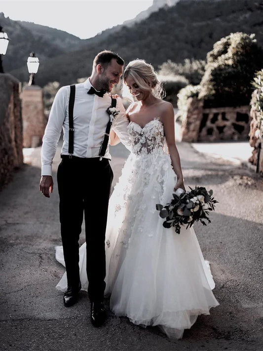 Wholesale Stunning Sweetheart A-line Wedding Dresses Tulle Appliqued Gowns Off Shoulder Floor Length Charming