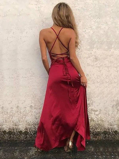 A-Line Spaghetti Straps Sleeveless Floor-Length With Ruffles Elastic Woven Satin Dresses - RongMoon