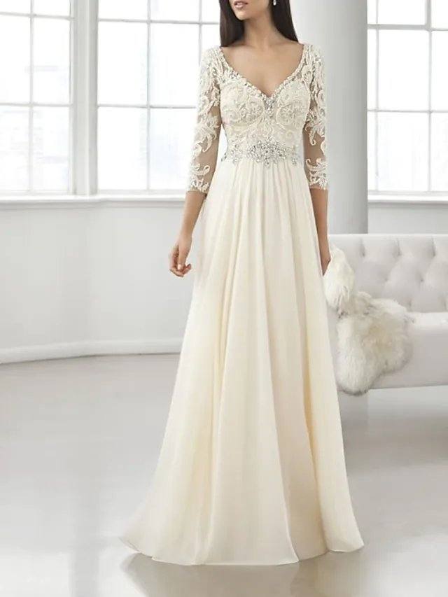 A-Line Mother of the Bride Dress Elegant V Neck Floor Length Chiffon Lace 3/4 Length Sleeve with Pleats Crystal Brooch - RongMoon