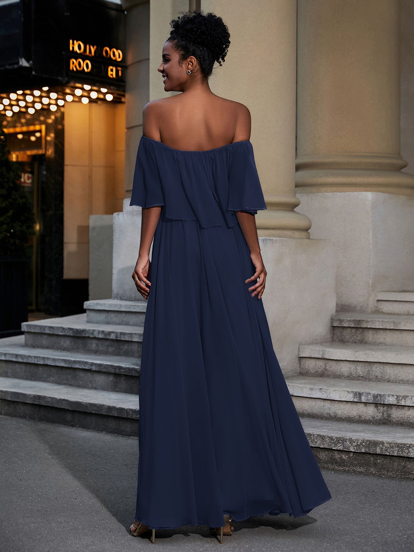 Off the Shoulder Ruffles Chiffon Maxi Dress-Dark Navy