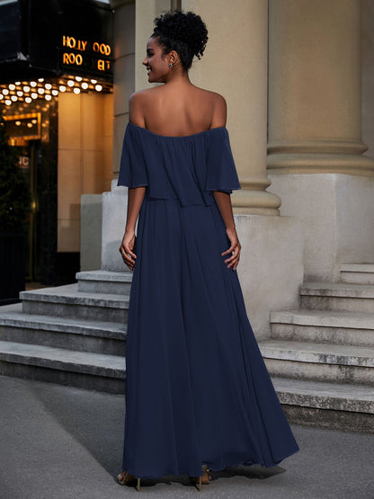 Off the Shoulder Ruffles Chiffon Maxi Dress-Dark Navy