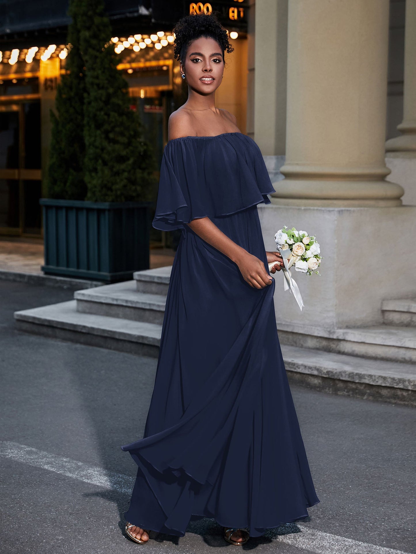 Off the Shoulder Ruffles Chiffon Maxi Dress-Dark Navy