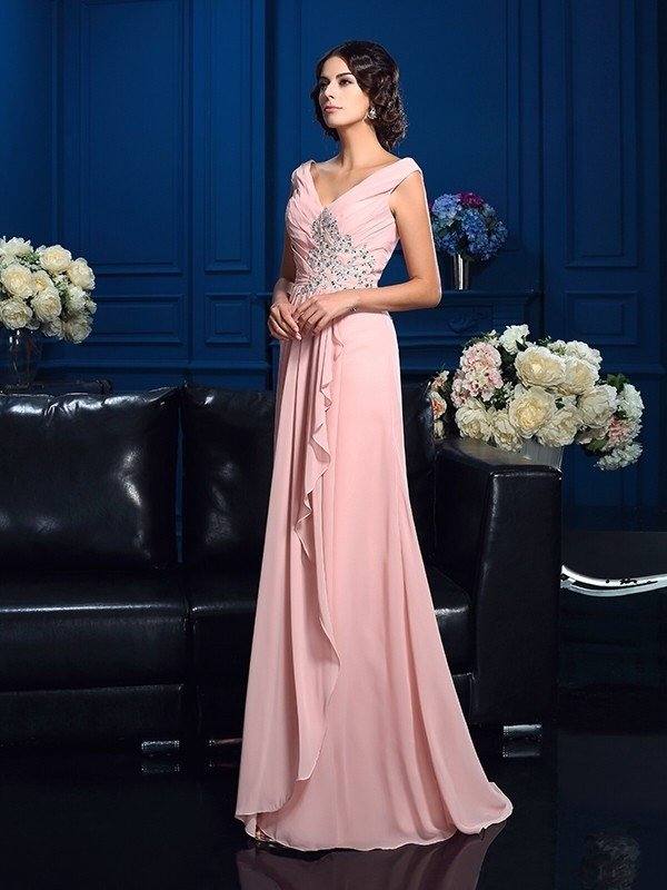 A-Line/Princess V-neck Beading Sleeveless Long Chiffon Mother of the Bride Dresses - RongMoon