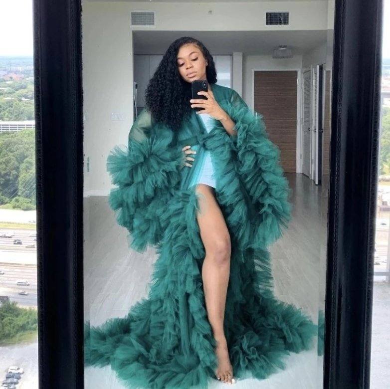 Fashion Ruffles Tulle Kimono Women Dress Robe Extra Puffy Prom Party Dresses Puffy Sleeves African Cape Cloak Pregnant Gowns - RongMoon